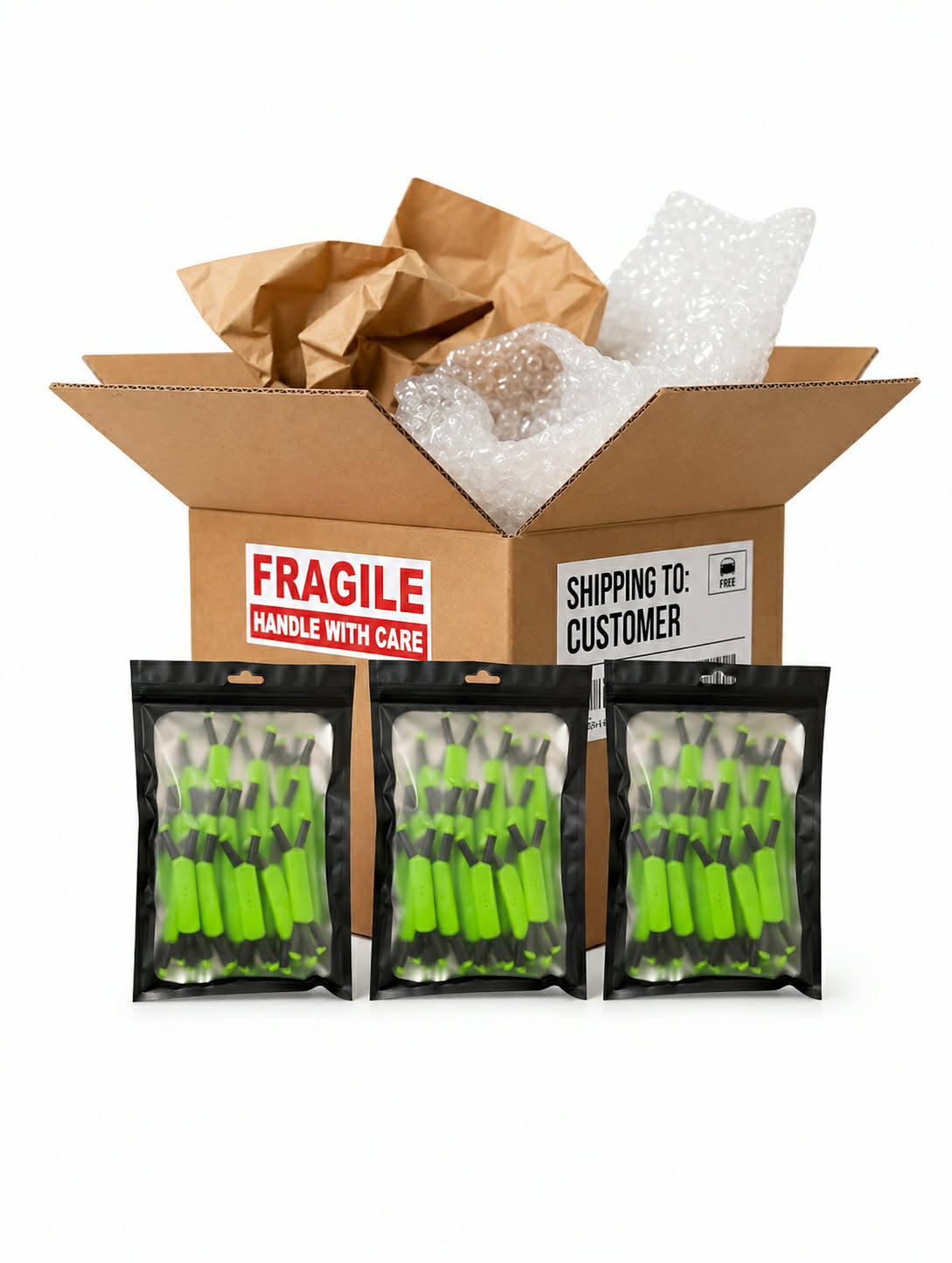 Open cardboard box with bubble wrap and brown paper, containing three packages of Radiant Grove Green multi-pack branch spreaders