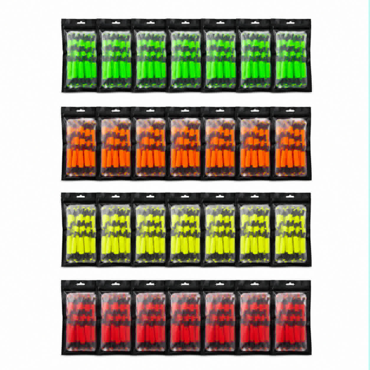 Multiple packages of green, orange, yellow, and red branch spreaders in their packaging on a white background
