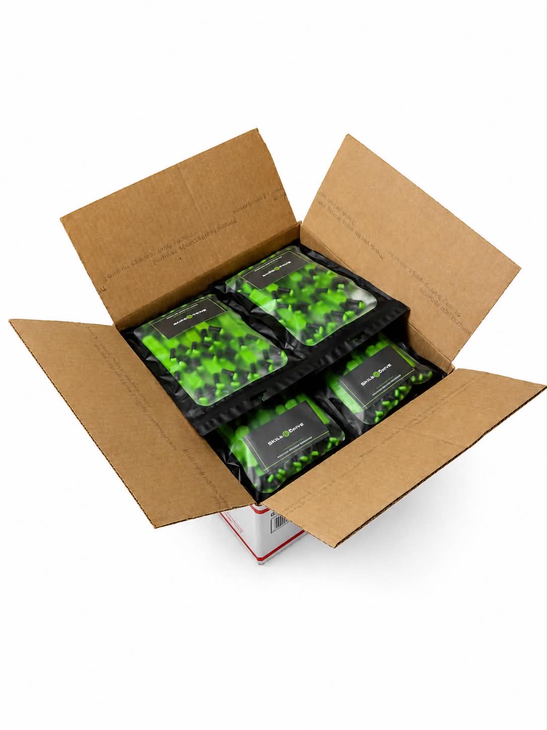 Open cardboard box containing our Radiant Grove Green Shine Spine branch spreaders on a white background.