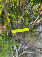 Shine Spine Branch Spreader Photon Burst Yellow 3 1/2inch gardening tool attached to a tree branch with green leaves in the background.