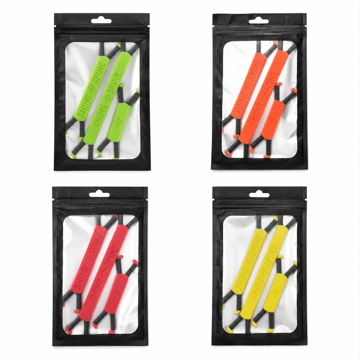 Shine Spine Four Color options Sample Pack branch spreaders in clear packaging with white background.
