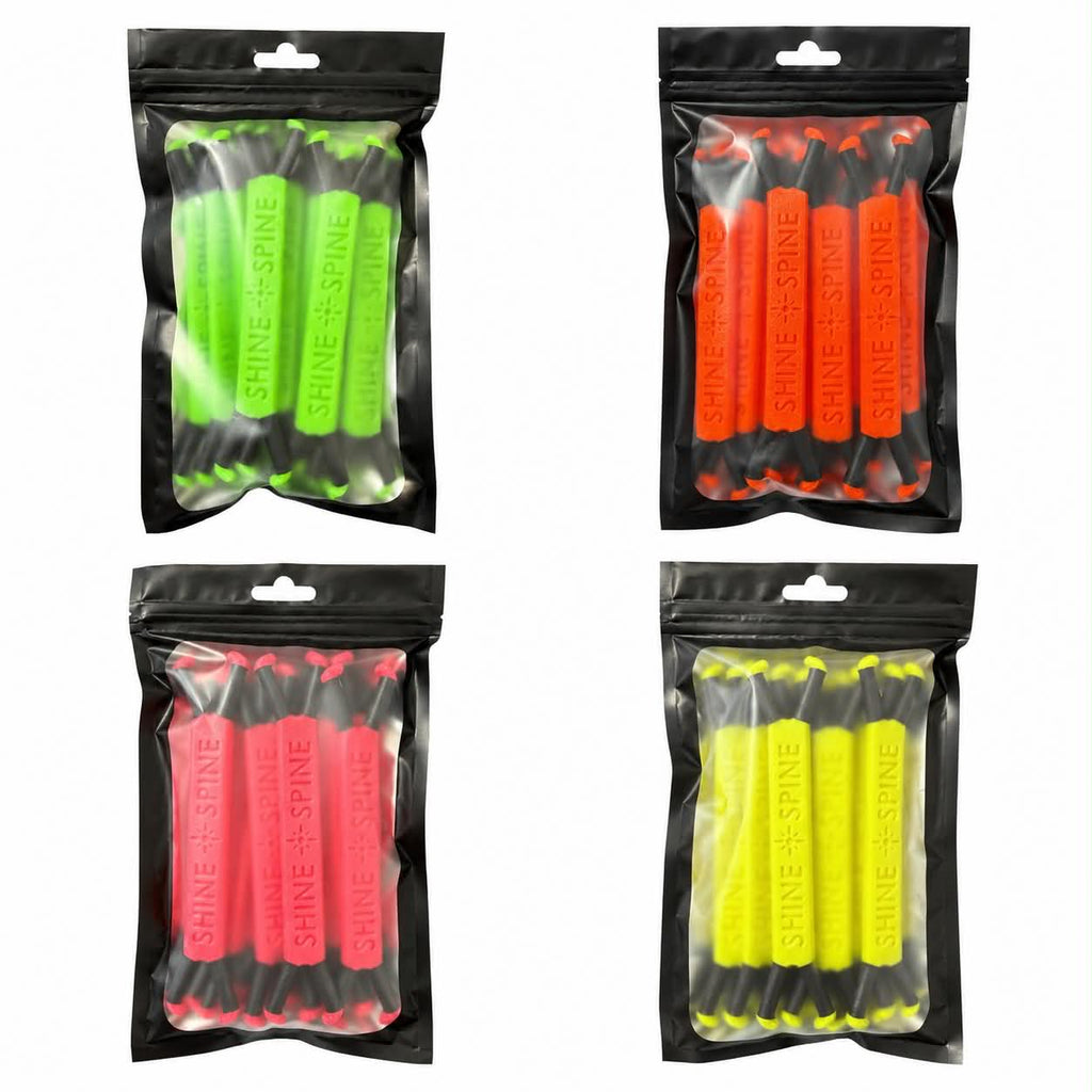 Shine Spine color options of 3 1/2inch branch spreaders in clear plastic bags with a black exterior on a white background.