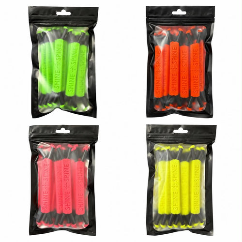 Shine Spine color options of 3 1/2inch branch spreaders in clear plastic bags with a black exterior on a white background.