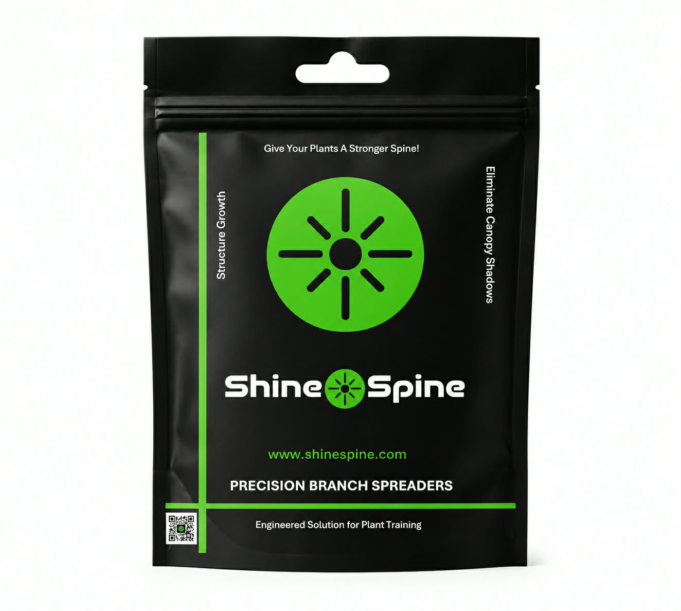 Shine Spine packaging with green and black design on a white background